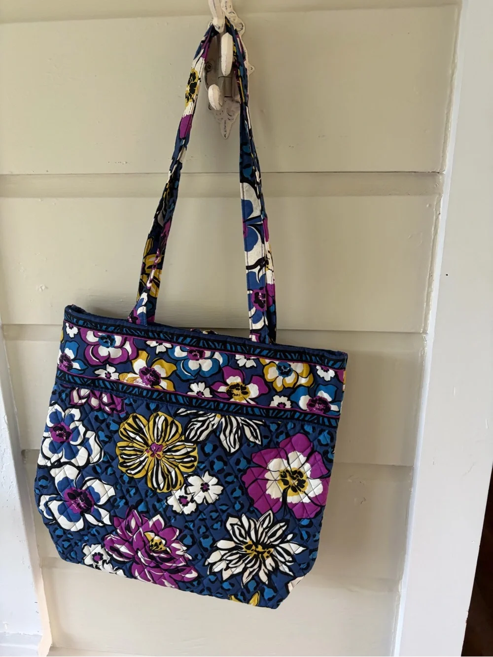 Quilted Floral Tote Bag in Navy, Purple & White